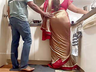 Indian Couple Romance in the Kitchen - Saree Sex - Saree lifted to and Ass Spanked