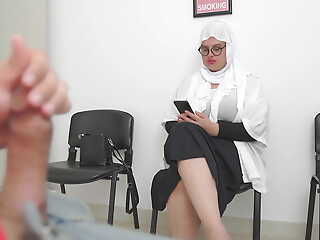 SHE IS SURPRISED ! Hijab girl caught me jerking off in Doctor's dilly-dallying room
